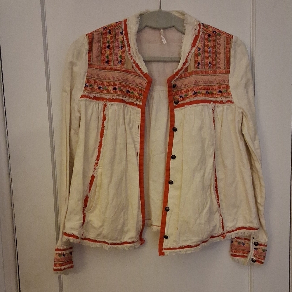 Free People Cream Cotton Jacket w Colorful Embroidery, Buttons, Pockets XS